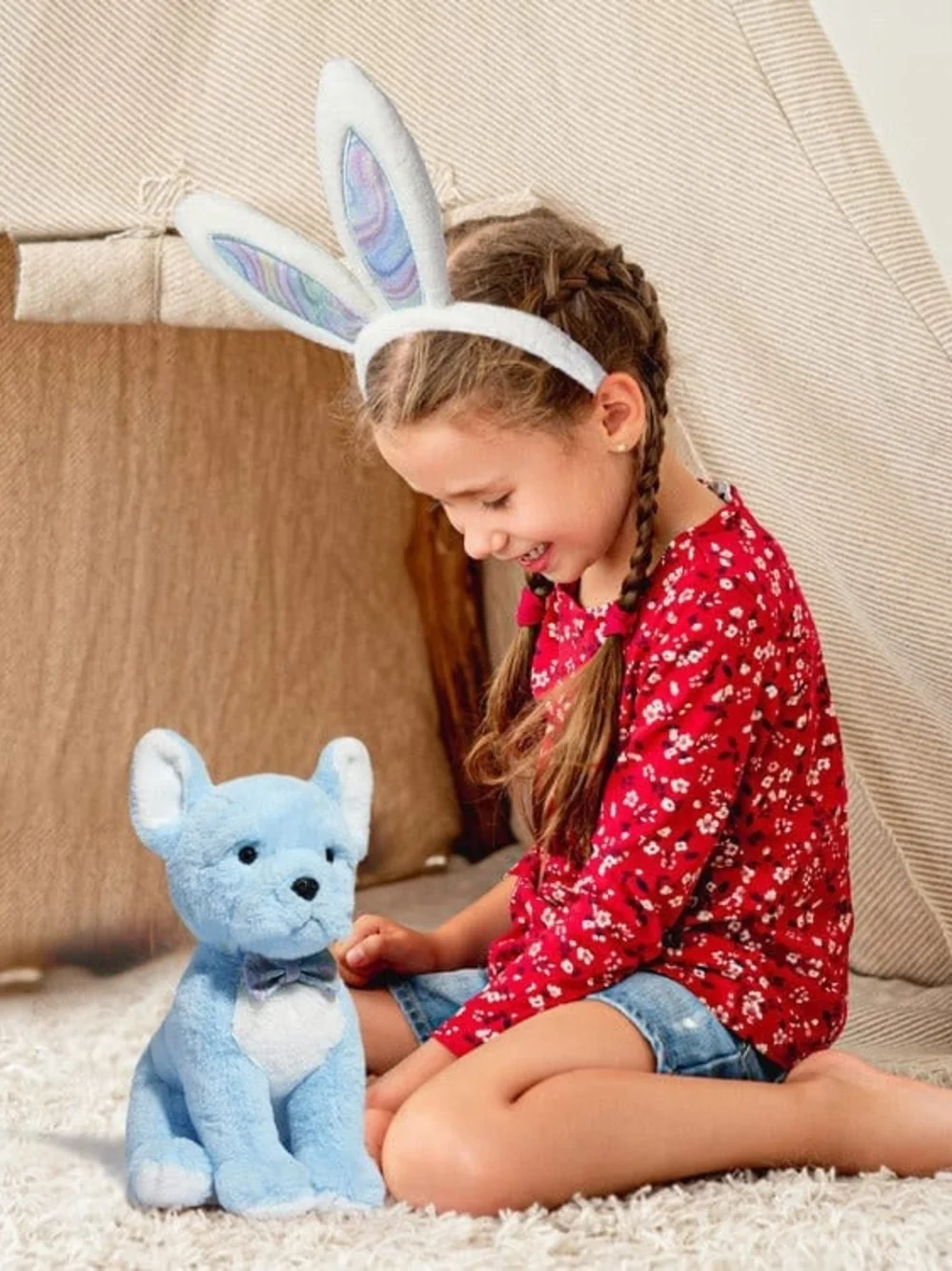 FAO Schwarz Light Blue and White Plush Puppy with Bunny Ears
